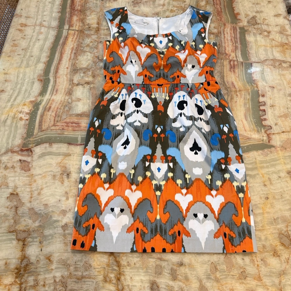 Maggie London Dress Womens 12 Orange Gray Abstract Print Sleeveless Sheath‎ Midi